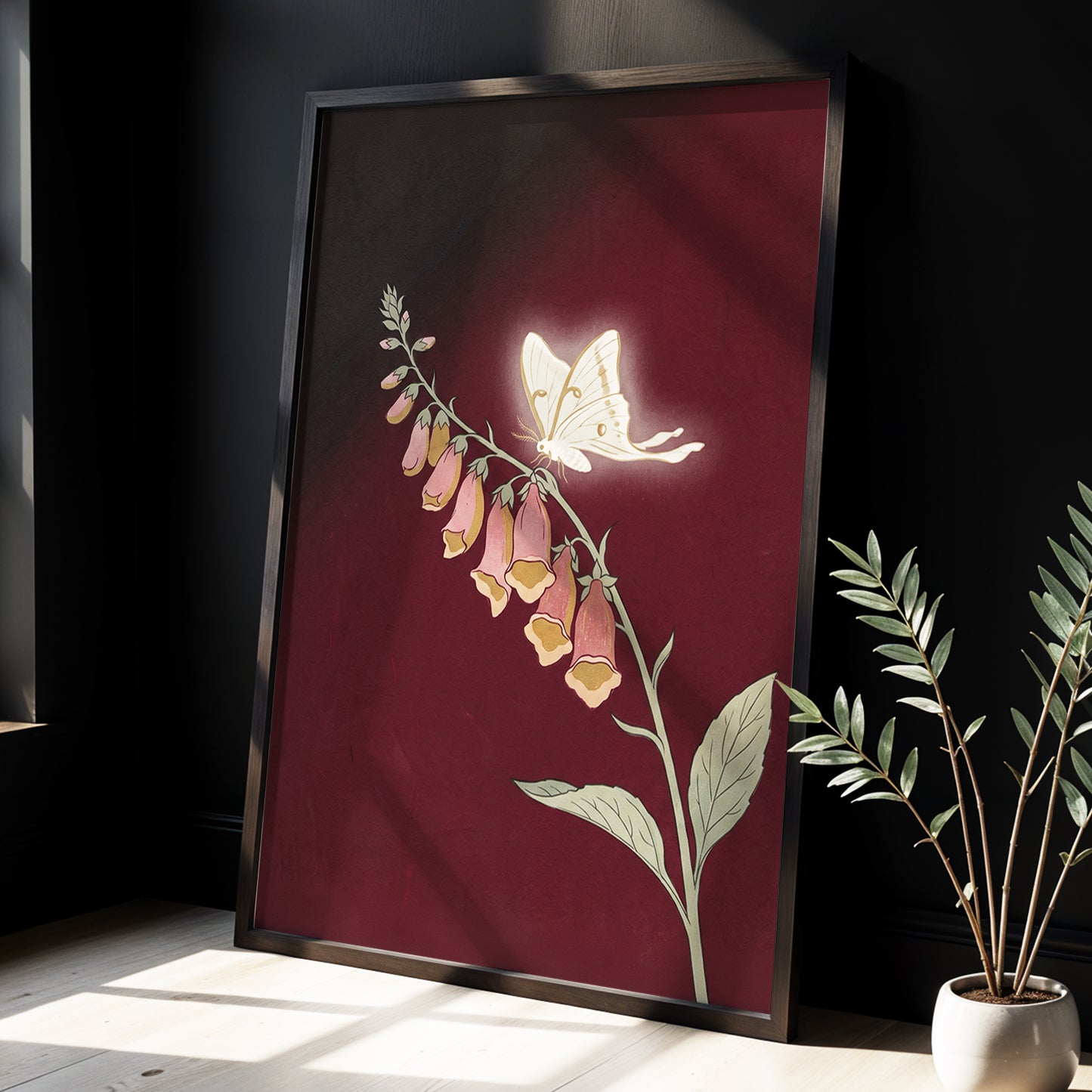 Moonlit Foxglove, black, red, pink floral wall art displayed in a styled interior, gallery view 2
