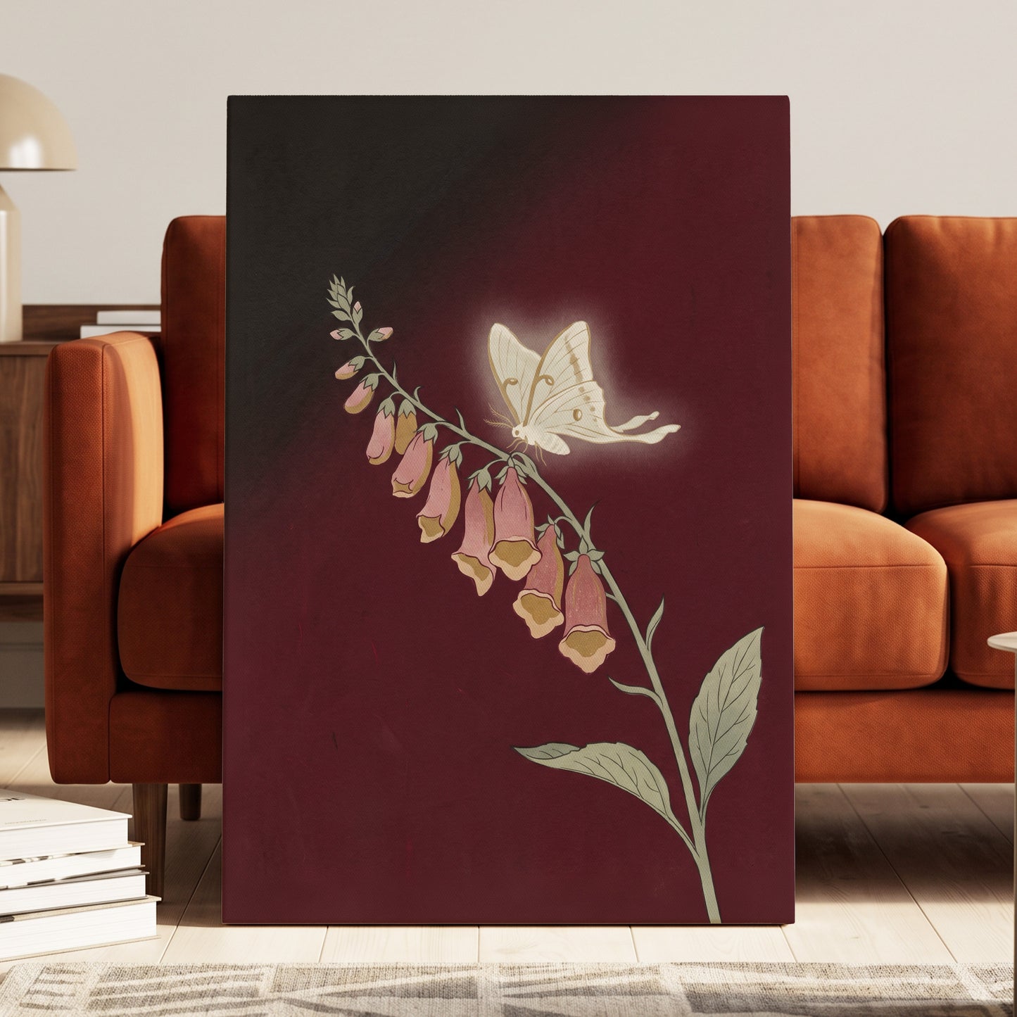 Moonlit Foxglove, black, red, pink floral wall art displayed in a styled interior, gallery view 3
