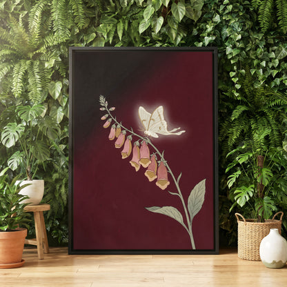 Moonlit Foxglove, black, red, pink floral wall art displayed in a styled interior, gallery view 4