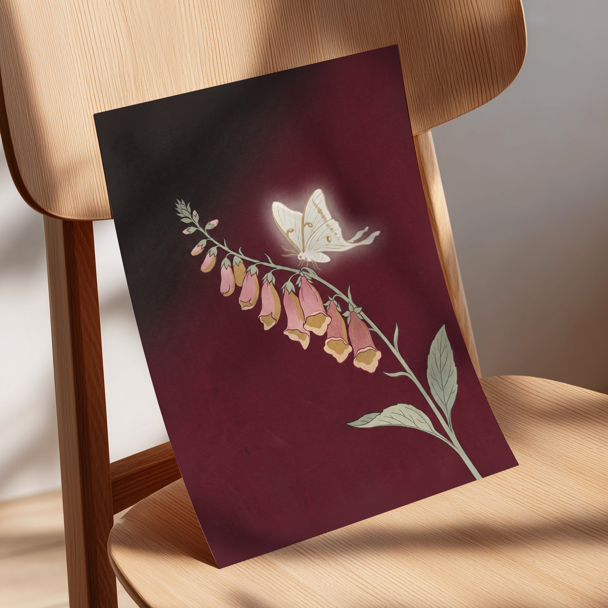 Moonlit Foxglove, black, red, pink floral wall art displayed in a styled interior, gallery view 5