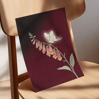 Moonlit Foxglove, black, red, pink floral wall art displayed in a styled interior, gallery view 5