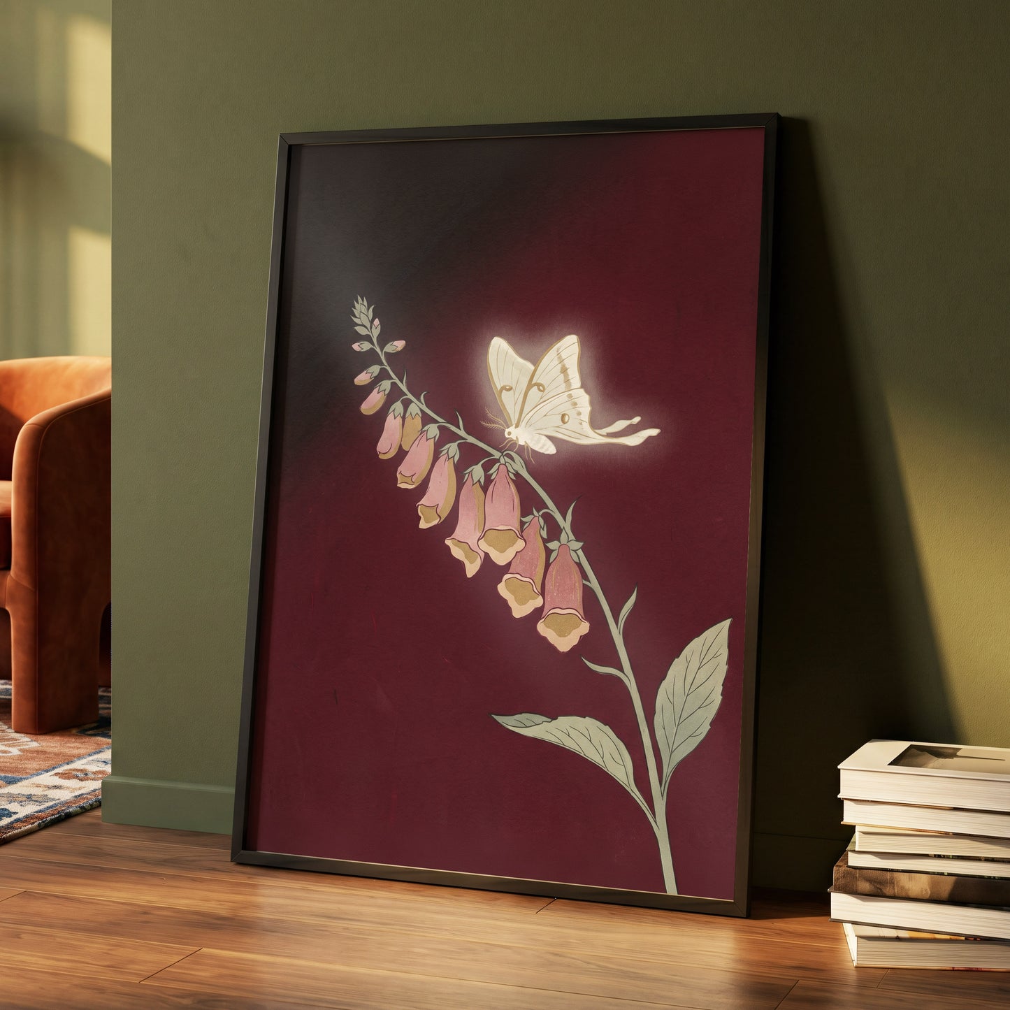 Moonlit Foxglove, black, red, pink floral wall art displayed in a styled interior, gallery view 6