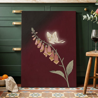 Moonlit Foxglove, black, red, pink floral wall art displayed in a styled interior, gallery view 7