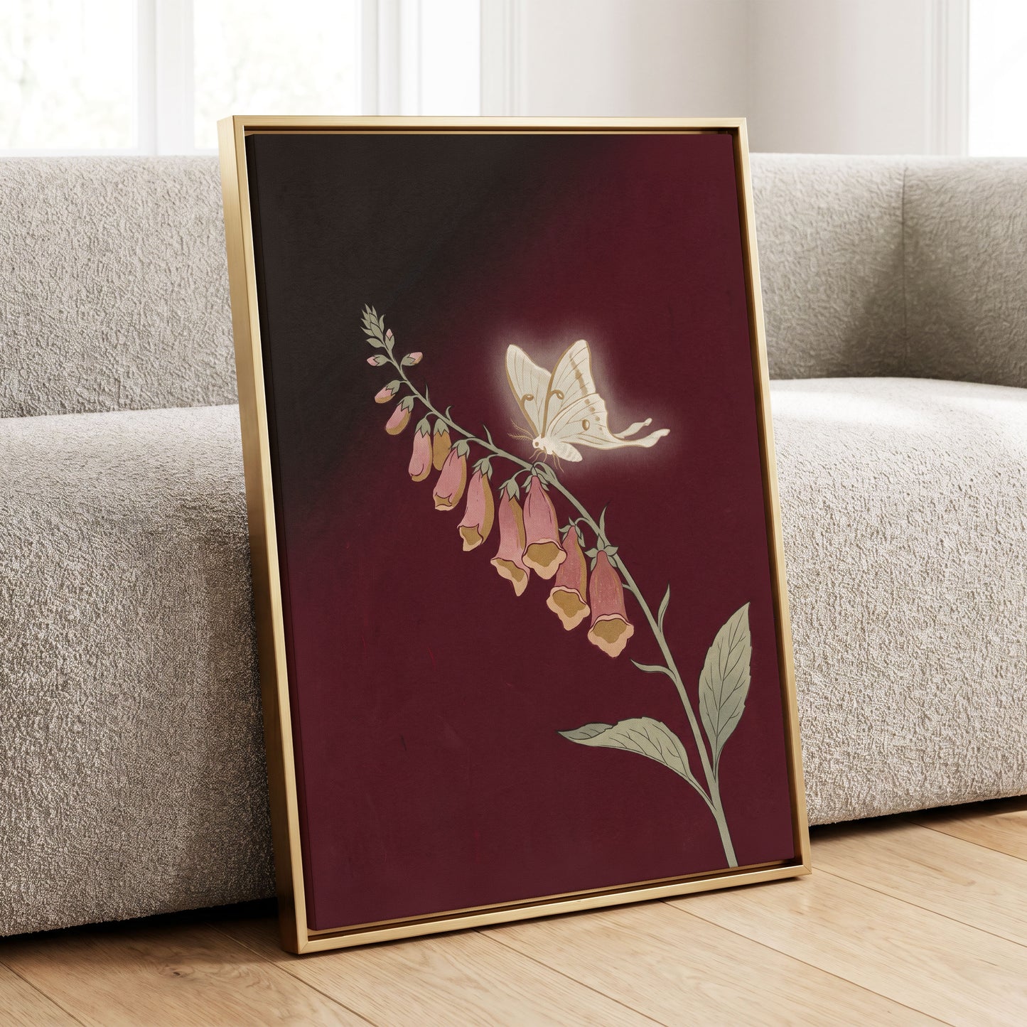 Moonlit Foxglove, black, red, pink floral wall art displayed in a styled interior, gallery view 8