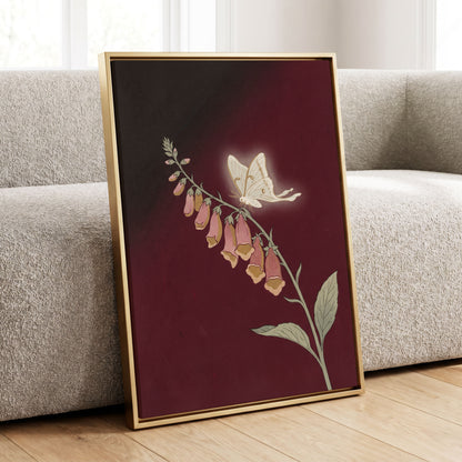 Moonlit Foxglove, black, red, pink floral wall art displayed in a styled interior, gallery view 8