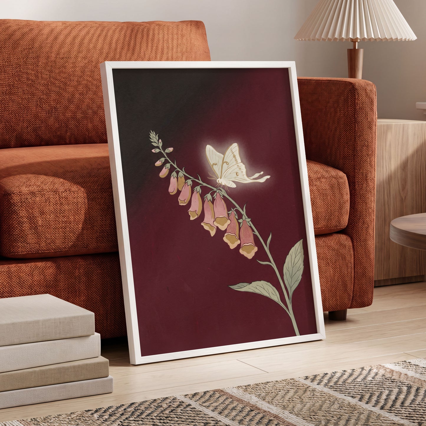 Moonlit Foxglove, black, red, pink floral wall art displayed in a styled interior, gallery view 9