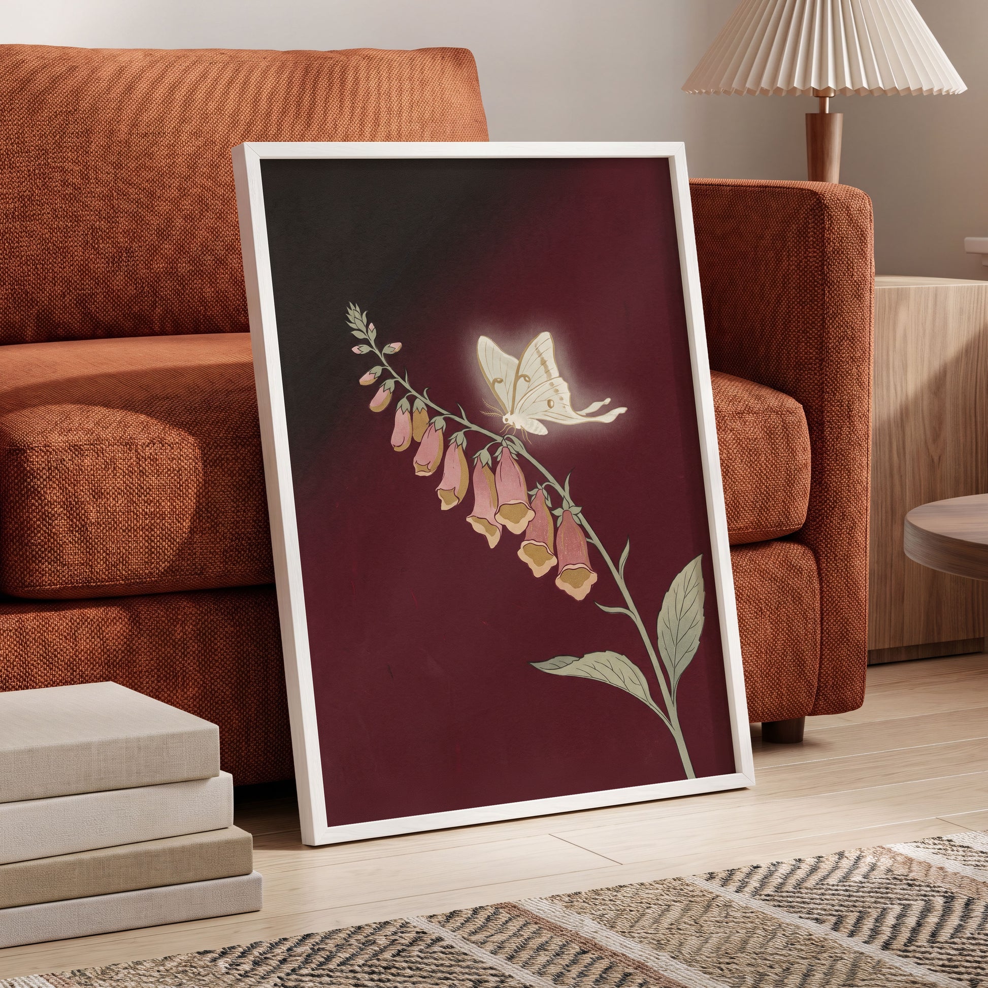Moonlit Foxglove, black, red, pink floral wall art displayed in a styled interior, gallery view 9