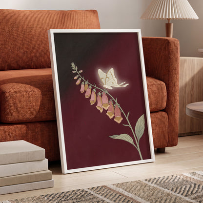 Moonlit Foxglove, black, red, pink floral wall art displayed in a styled interior, gallery view 9