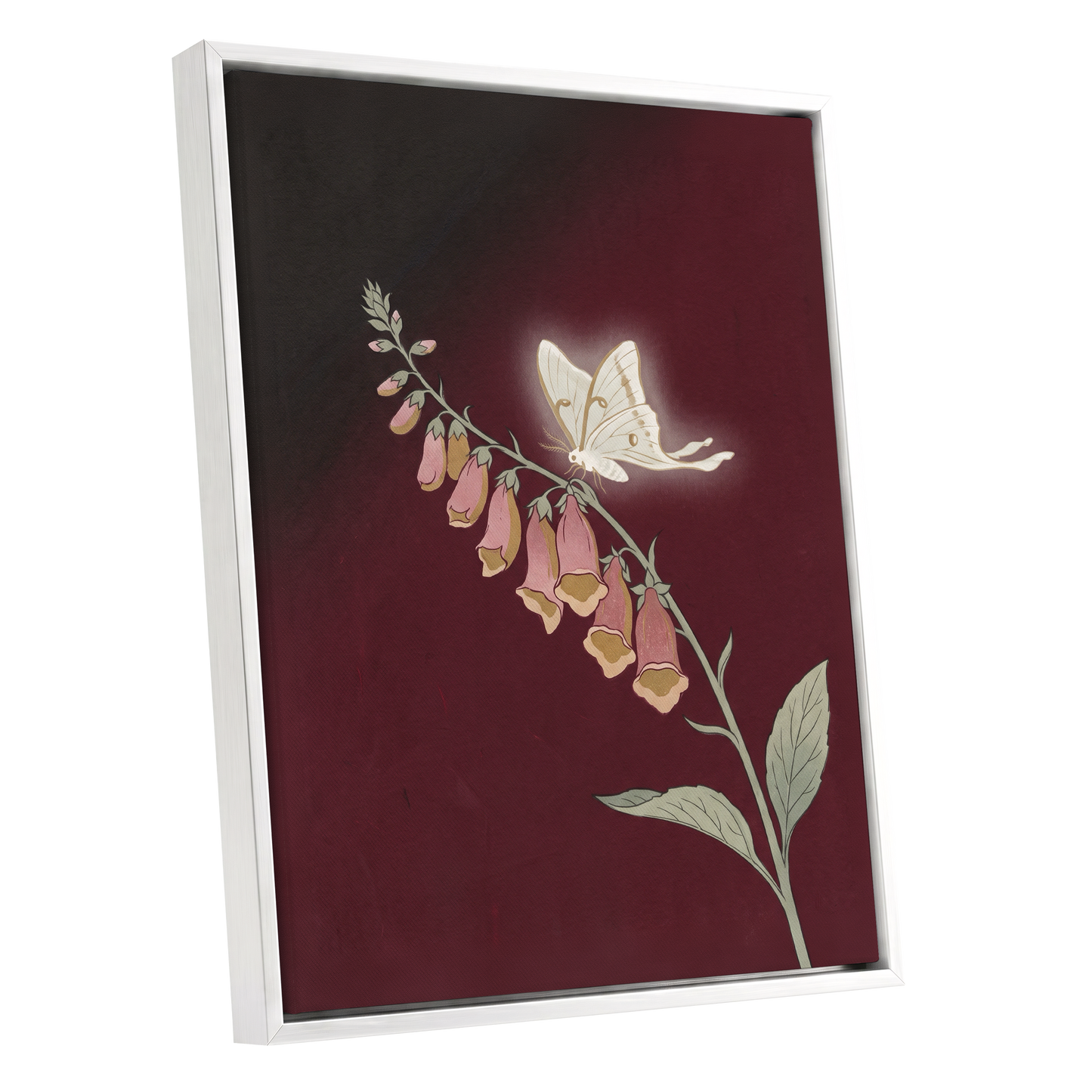 Moonlit Foxglove, black, red, pink floral wall art shown as a white framed canvas wall art