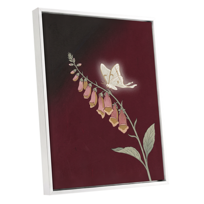 Moonlit Foxglove, black, red, pink floral wall art shown as a white framed canvas wall art
