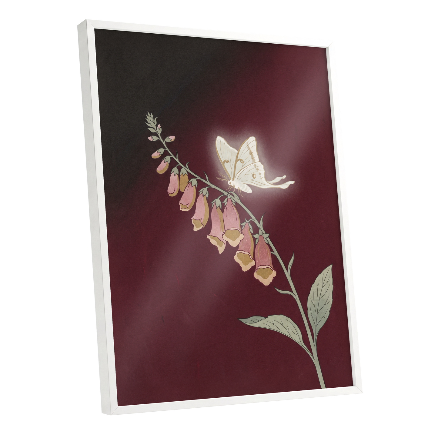 Moonlit Foxglove, black, red, pink floral wall art shown as a white framed poster wall art print