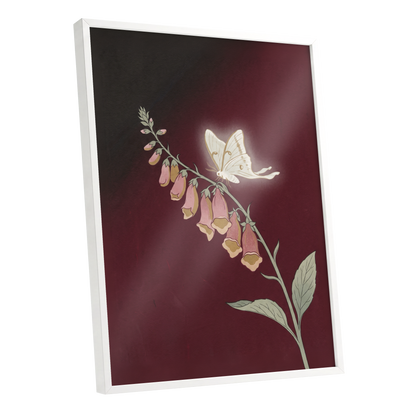 Moonlit Foxglove, black, red, pink floral wall art shown as a white framed poster wall art print