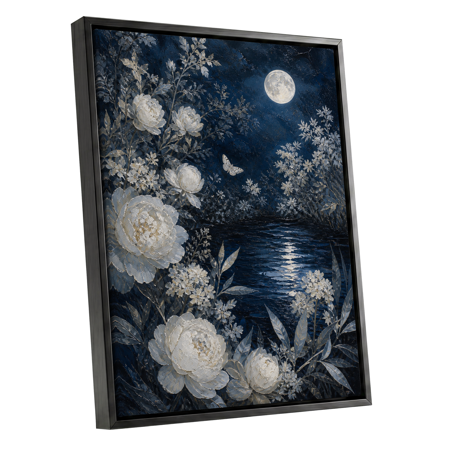 Moonlit Ivory Garden, blue, white, gray floral wall art shown as a black framed canvas wall art