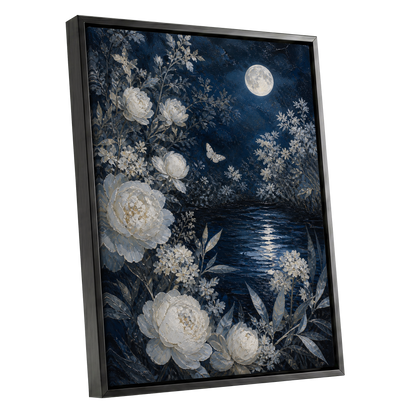 Moonlit Ivory Garden, blue, white, gray floral wall art shown as a black framed canvas wall art