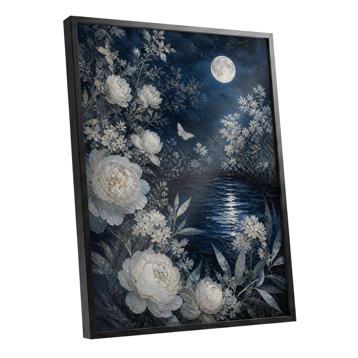 Moonlit Ivory Garden, blue, white, gray floral wall art shown as a black framed poster wall art print