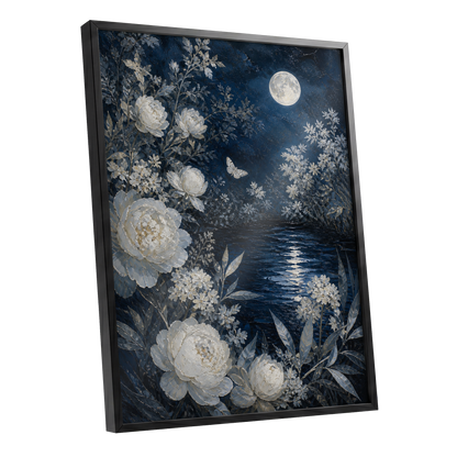 Moonlit Ivory Garden, blue, white, gray floral wall art shown as a black framed poster wall art print