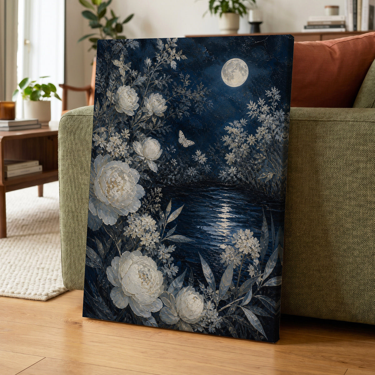 Moonlit Ivory Garden, blue, white, gray floral wall art on canvas displayed in a styled interior, gallery view 1