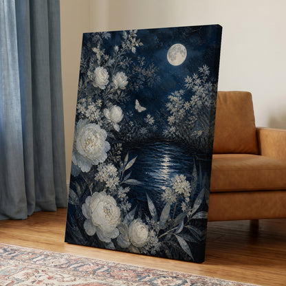 Moonlit Ivory Garden, blue, white, gray floral wall art on canvas displayed in a styled interior, gallery view 2