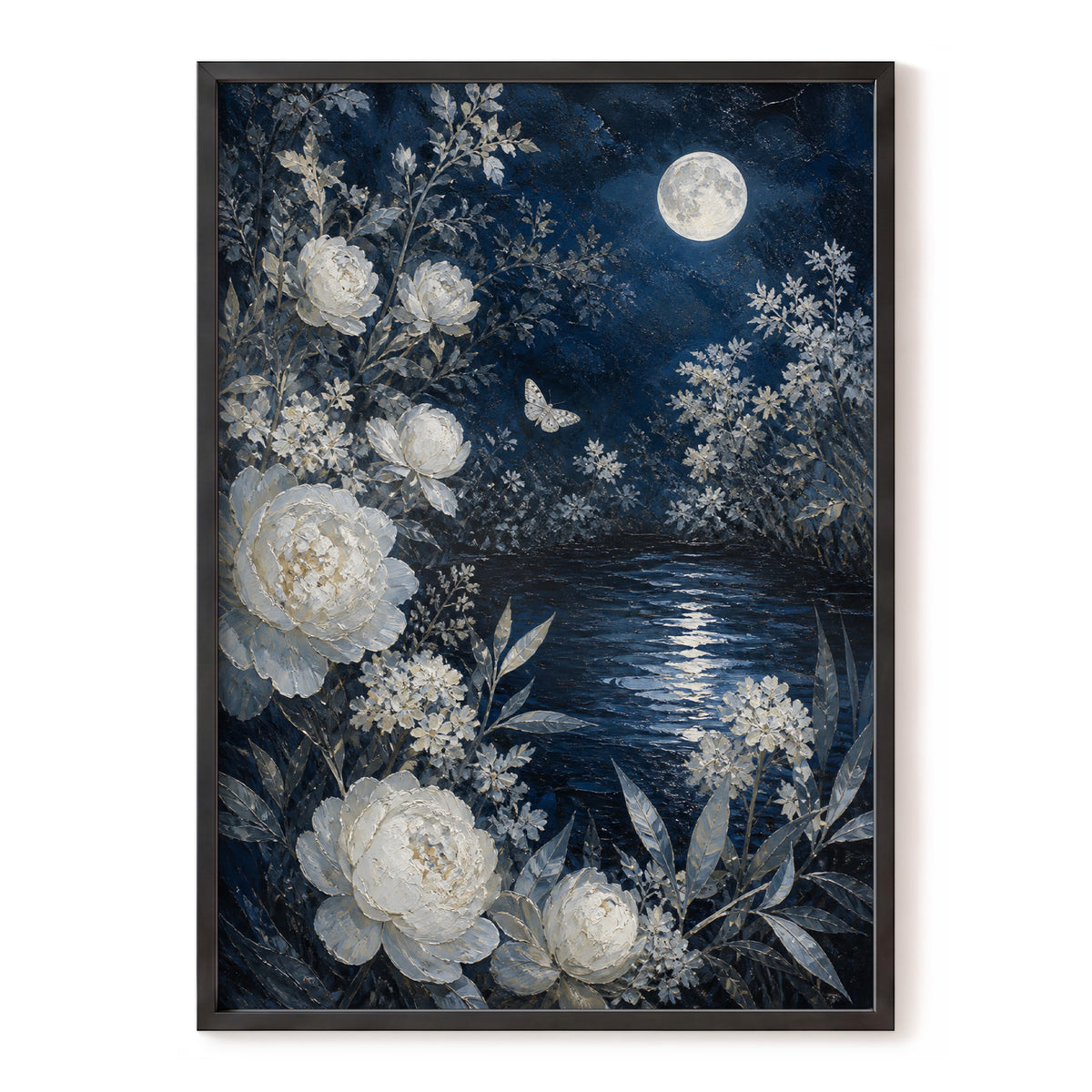 Moonlit Ivory Garden, blue, white, gray floral wall art, front artwork view