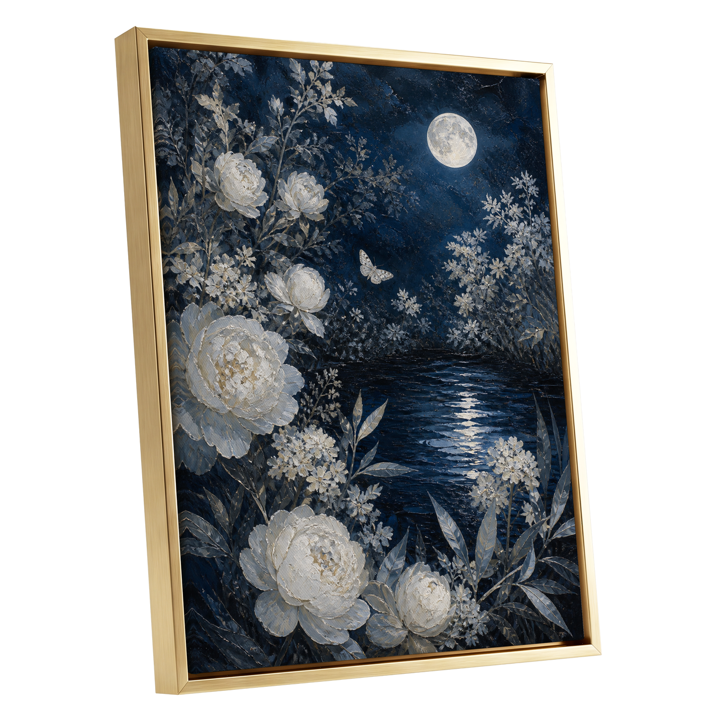 Moonlit Ivory Garden, blue, white, gray floral wall art shown as a gold framed canvas wall art