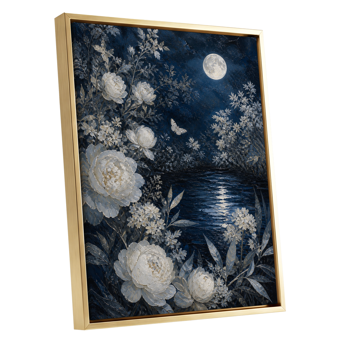 Moonlit Ivory Garden, blue, white, gray floral wall art shown as a gold framed canvas wall art