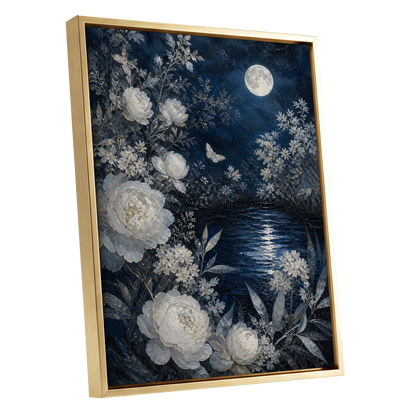 Moonlit Ivory Garden, blue, white, gray floral wall art shown as a gold framed canvas wall art