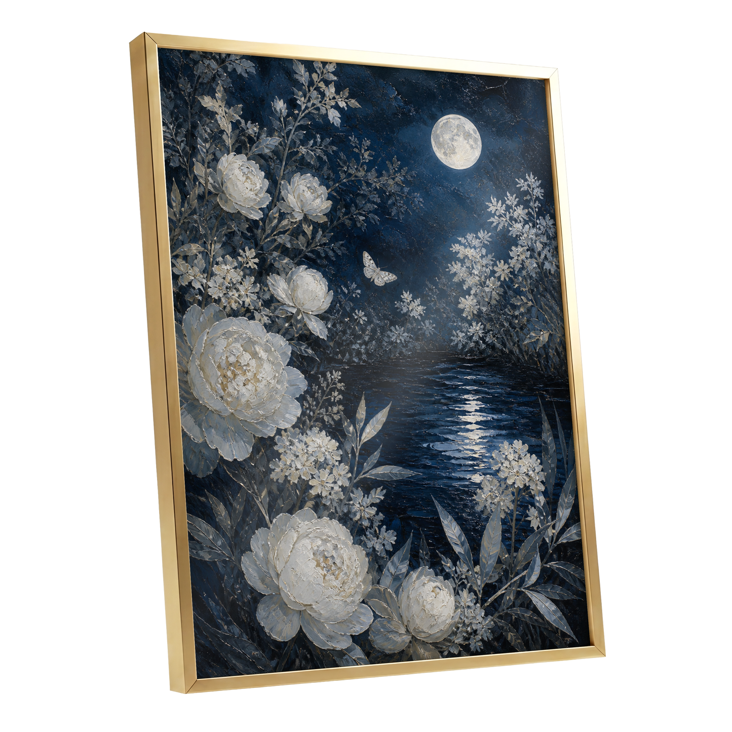 Moonlit Ivory Garden, blue, white, gray floral wall art shown as a gold framed poster wall art print
