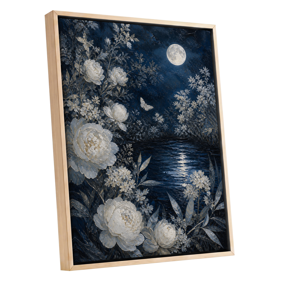 Moonlit Ivory Garden, blue, white, gray floral wall art shown as a oak framed canvas wall art