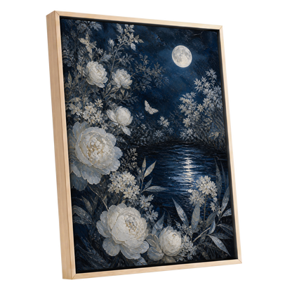 Moonlit Ivory Garden, blue, white, gray floral wall art shown as a oak framed canvas wall art