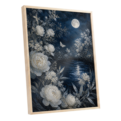 Moonlit Ivory Garden, blue, white, gray floral wall art shown as a oak framed poster wall art print