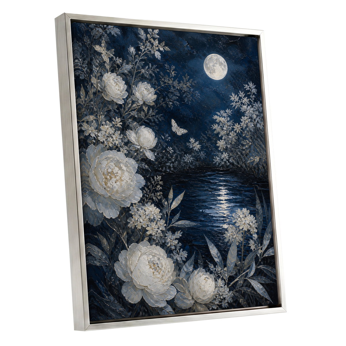Moonlit Ivory Garden, blue, white, gray floral wall art shown as a silver framed canvas wall art