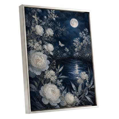 Moonlit Ivory Garden, blue, white, gray floral wall art shown as a silver framed canvas wall art