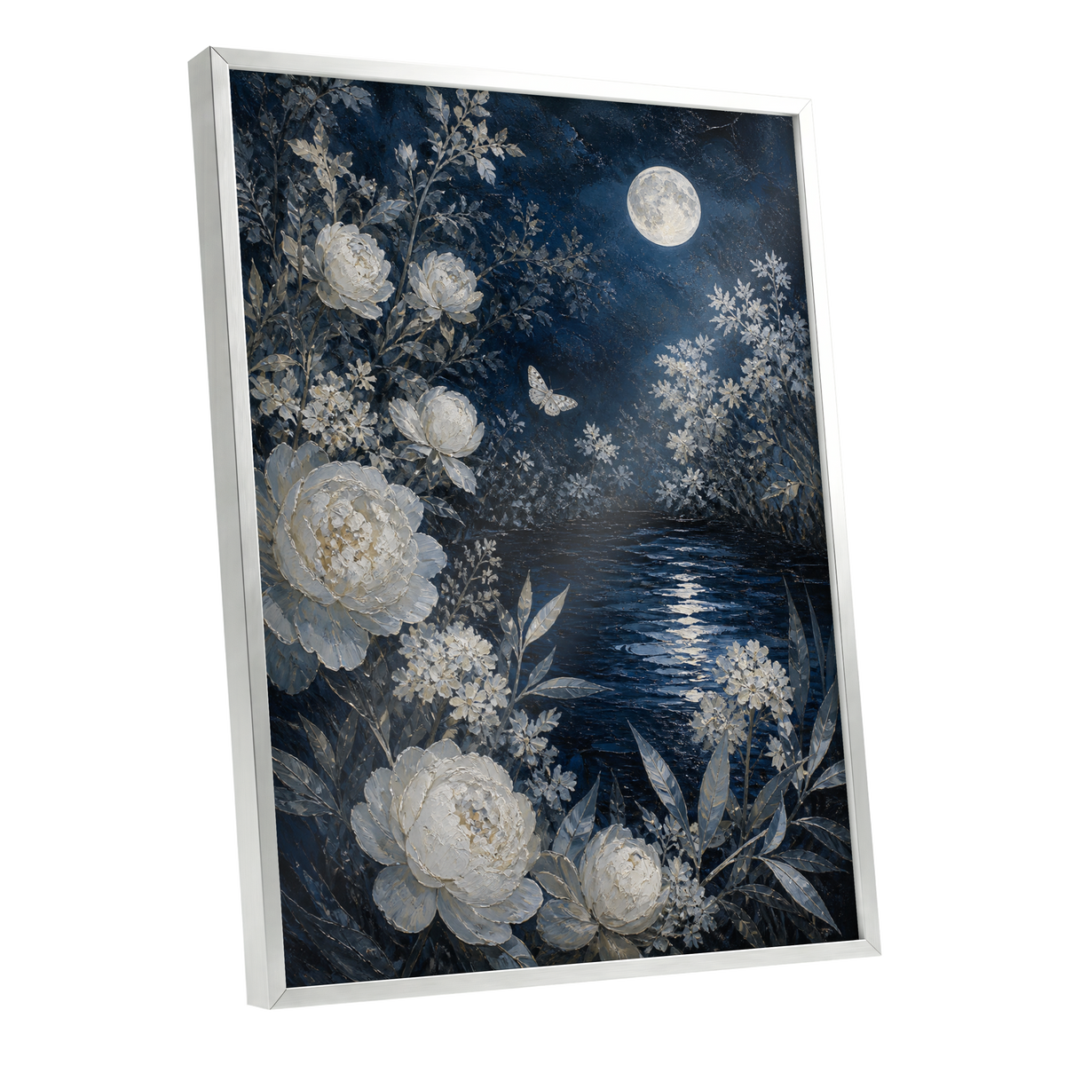 Moonlit Ivory Garden, blue, white, gray floral wall art shown as a silver framed poster wall art print