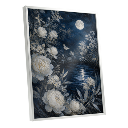 Moonlit Ivory Garden, blue, white, gray floral wall art shown as a silver framed poster wall art print