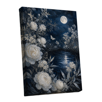 Moonlit Ivory Garden, blue, white, gray floral wall art shown as a stretched canvas wall art