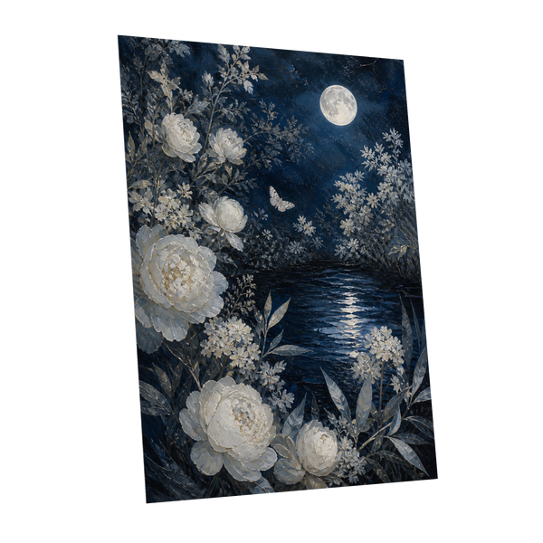 Moonlit Ivory Garden, blue, white, gray floral wall art shown as a unframed poster wall art print