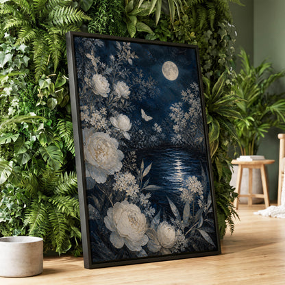 Moonlit Ivory Garden, blue, white, gray floral wall art displayed in a styled interior, gallery view 1