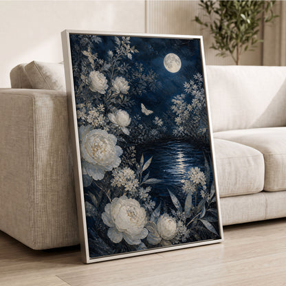 Moonlit Ivory Garden, blue, white, gray floral wall art displayed in a styled interior, gallery view 2