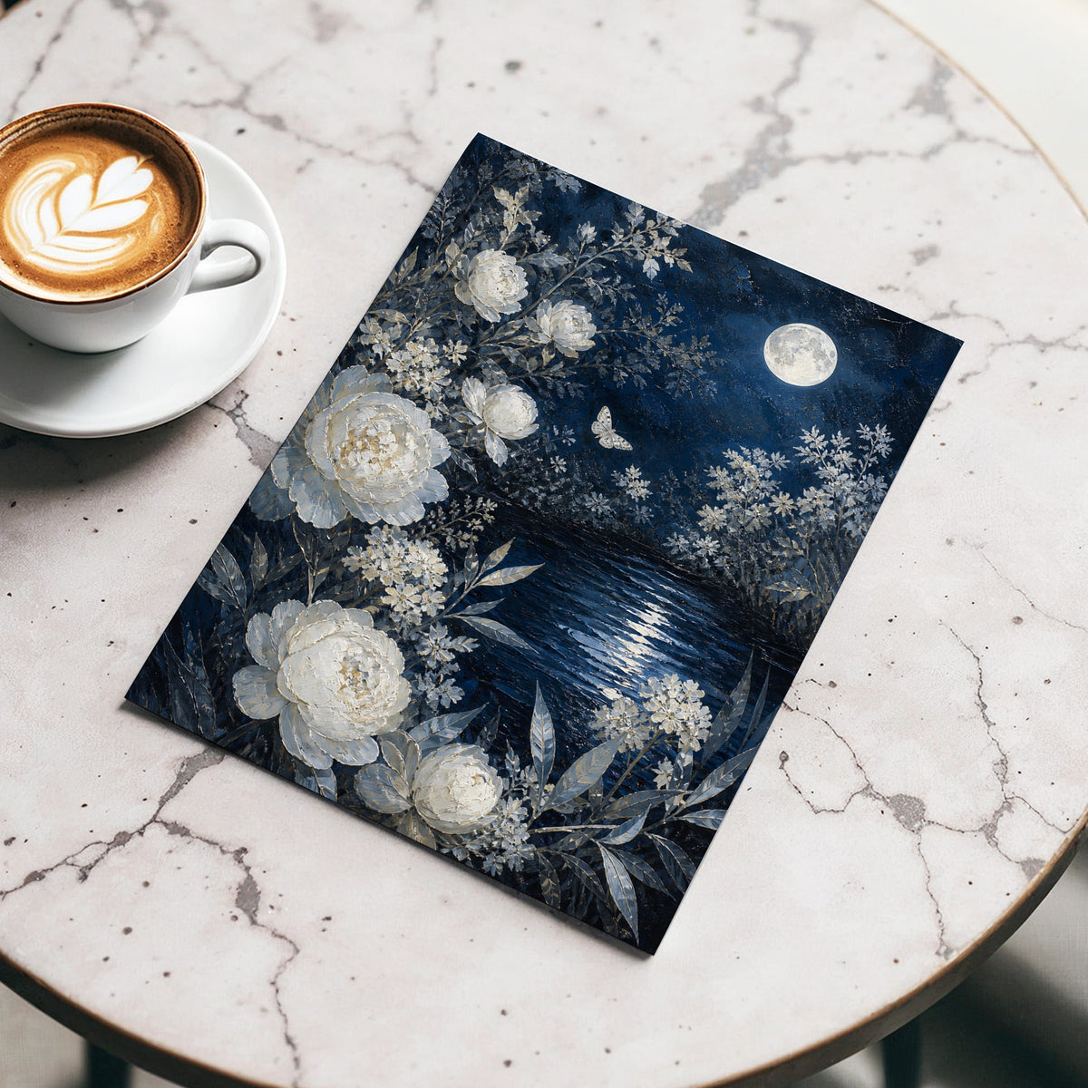 Moonlit Ivory Garden, blue, white, gray floral wall art displayed in a styled interior, gallery view 3