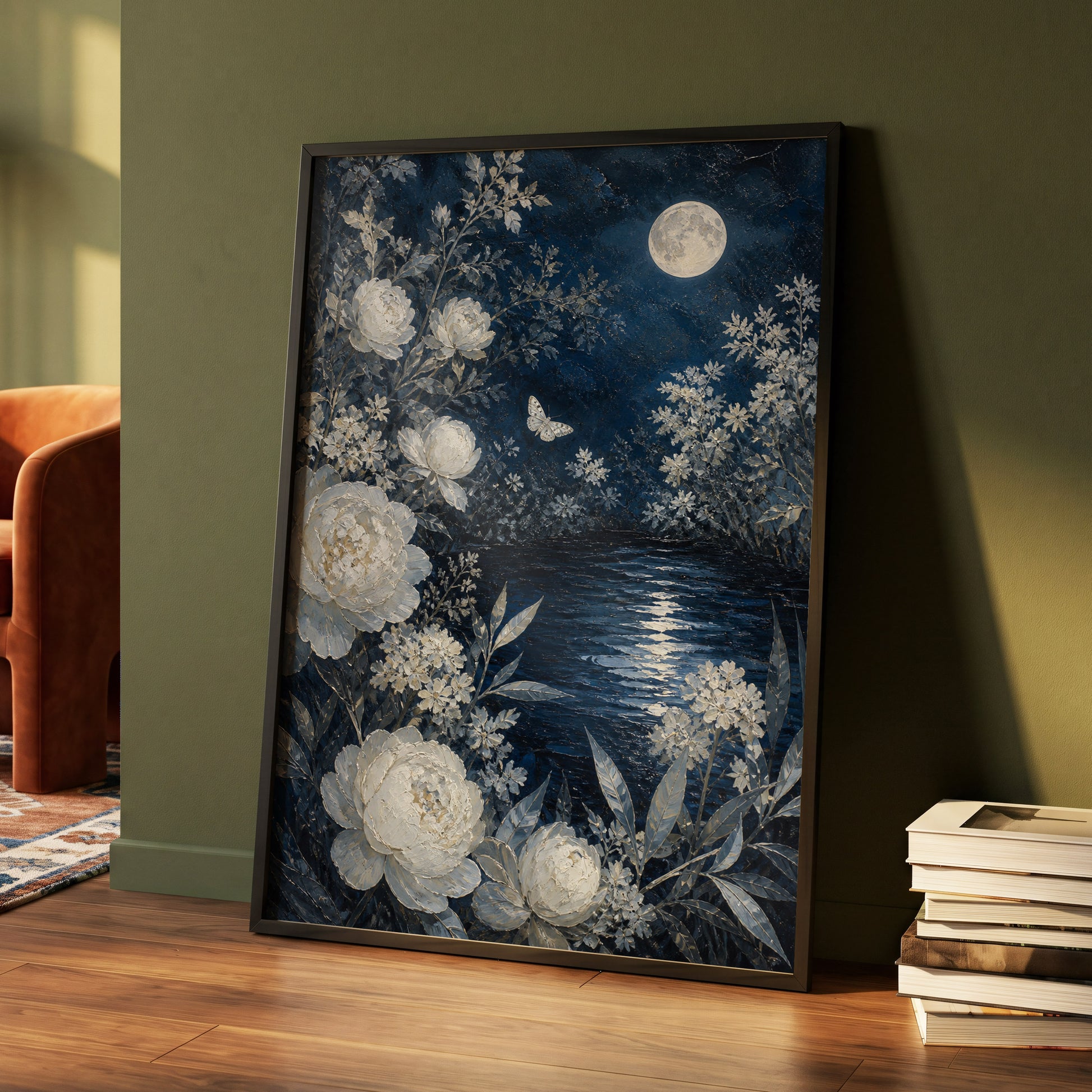 Moonlit Ivory Garden, blue, white, gray floral wall art displayed in a styled interior, gallery view 4