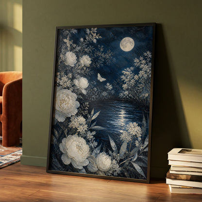 Moonlit Ivory Garden, blue, white, gray floral wall art displayed in a styled interior, gallery view 4