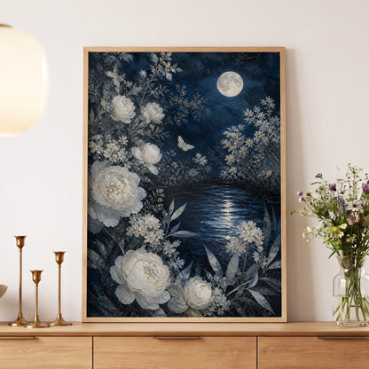 Moonlit Ivory Garden, blue, white, gray floral wall art displayed in a styled interior, gallery view 5