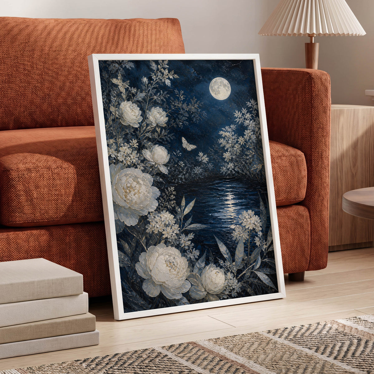 Moonlit Ivory Garden, blue, white, gray floral wall art displayed in a styled interior, gallery view 6