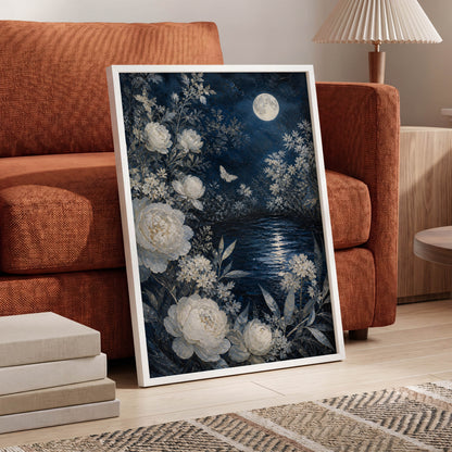 Moonlit Ivory Garden, blue, white, gray floral wall art displayed in a styled interior, gallery view 6