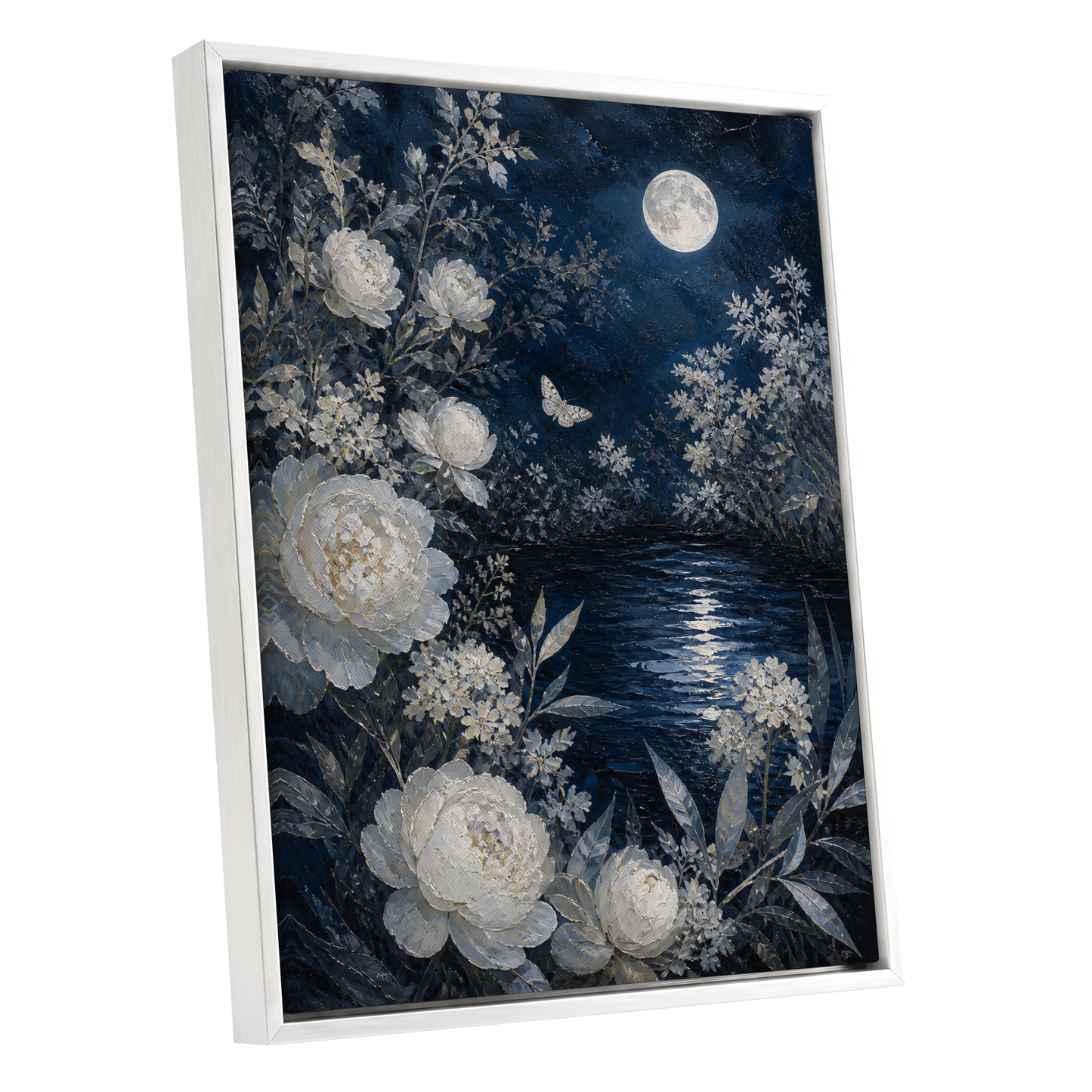 Moonlit Ivory Garden, blue, white, gray floral wall art shown as a white framed canvas wall art