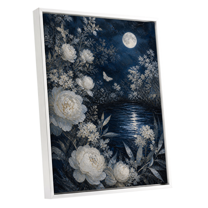 Moonlit Ivory Garden, blue, white, gray floral wall art shown as a white framed canvas wall art