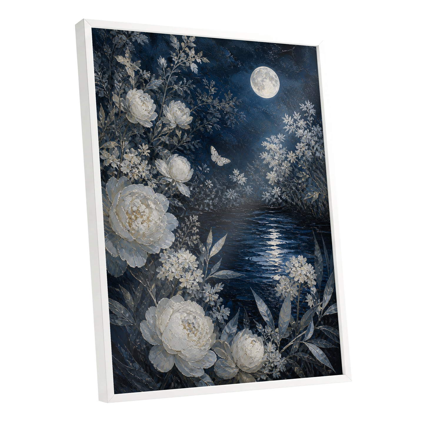 Moonlit Ivory Garden, blue, white, gray floral wall art shown as a white framed poster wall art print