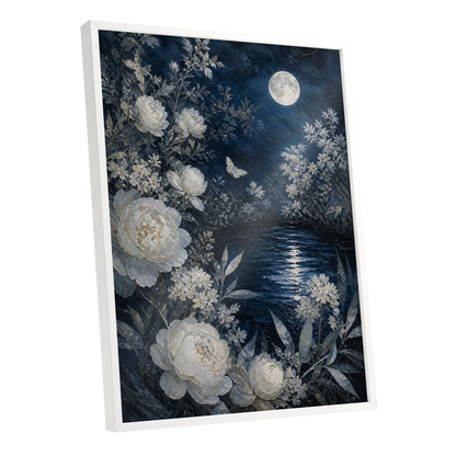 Moonlit Ivory Garden, blue, white, gray floral wall art shown as a white framed poster wall art print