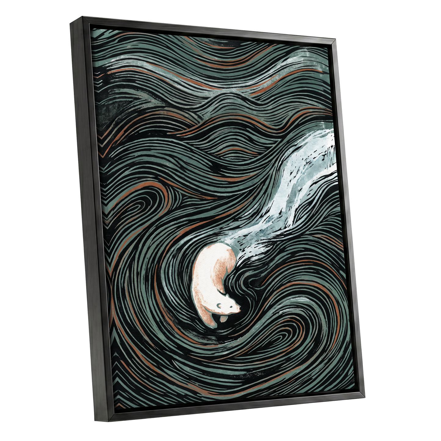 Moonlit Koi Current, black, green, white nature wall art shown as a black framed canvas wall art