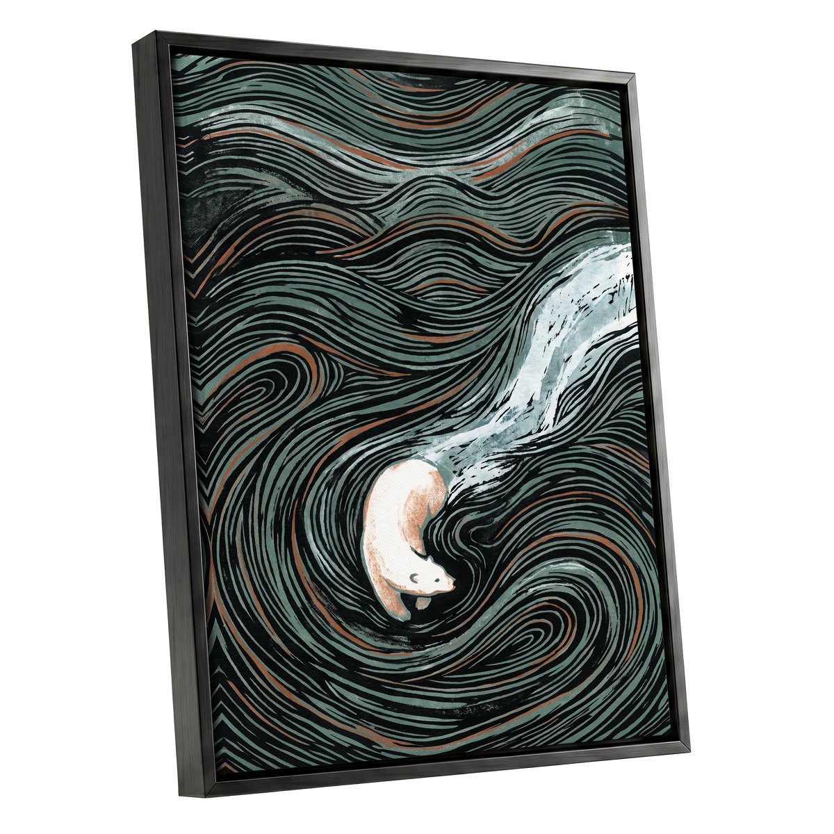 Moonlit Koi Current, black, green, white nature wall art shown as a black framed canvas wall art